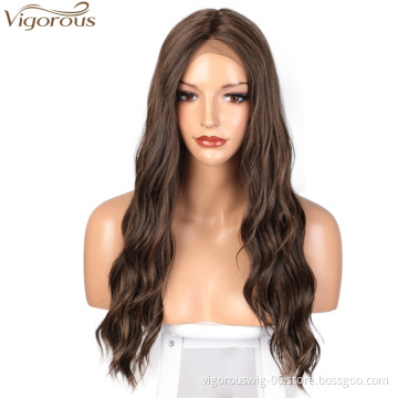 Vigorous Top Quality Lace Front  Middle Part Brown Wigs Long Body Wavy Synthetic Wigs Heat Resistant Fiber Wholesale